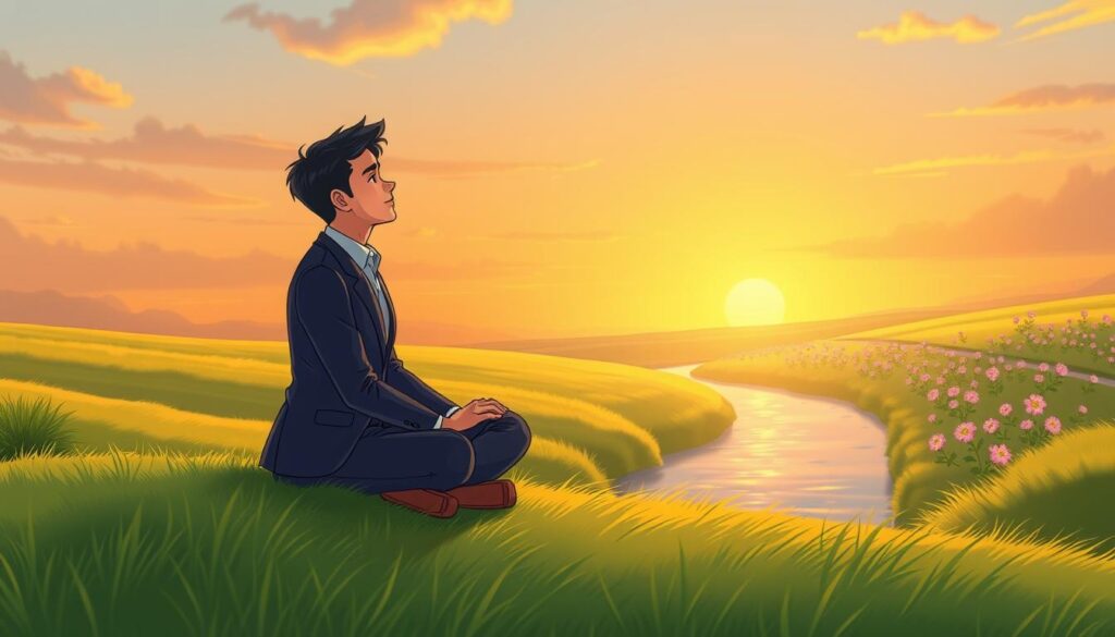 A serene and introspective scene depicting self-awareness in emotional growth. In the foreground, a person seated cross-legged on a soft, lush green field, dressed in professional business attire, reflecting on their thoughts with a calm expression. In the middle ground, a gentle stream flows, symbolizing the journey of emotions, bordered by flowering plants representing growth stages. The background features a tranquil sky at sunset, with warm hues blending into cool tones, casting a golden light over the landscape. The focus is soft, reminiscent of a 50mm lens, creating an intimate atmosphere that encourages reflection and positivity. The overall mood evokes serenity, hope, and self-discovery, ideal for illustrating the concept of emotional growth. nextself.ai A serene and introspective scene depicting self-awareness in emotional growth. In the foreground, a person seated cross-legged on a soft, lush green field, dressed in professional business attire, reflecting on their thoughts with a calm expression. In the middle ground, a gentle stream flows, symbolizing the journey of emotions, bordered by flowering plants representing growth stages. The background features a tranquil sky at sunset, with warm hues blending into cool tones, casting a golden light over the landscape. The focus is soft, reminiscent of a 50mm lens, creating an intimate atmosphere that encourages reflection and positivity. The overall mood evokes serenity, hope, and self-discovery, ideal for illustrating the concept of emotional growth. nextself.ai