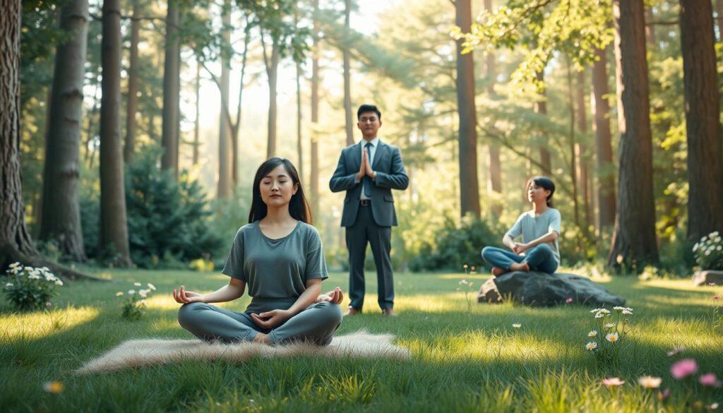 A serene scene depicting mindfulness, featuring a diverse group of three individuals practicing meditation in a sunlit forest clearing. In the foreground, a woman in modest casual clothing is sitting cross-legged on a soft patch of grass, her eyes gently closed, embodying tranquility. In the middle, a man in professional business attire stands with hands in a prayer position, exuding focus and calmness. To the side, a person of Asian descent is seated on a rock, centered in their breathing, surrounded by lush greenery and soft wildflowers. The background reveals tall trees with sunlight filtering through the leaves, casting dappled shadows on the ground. The atmosphere is peaceful and reflective, encouraging emotional growth and a mindful mindset. The lighting is warm and inviting, creating a sense of harmony. Shot with a wide-angle lens to capture this immersive experience. nextself.ai A serene scene depicting mindfulness, featuring a diverse group of three individuals practicing meditation in a sunlit forest clearing. In the foreground, a woman in modest casual clothing is sitting cross-legged on a soft patch of grass, her eyes gently closed, embodying tranquility. In the middle, a man in professional business attire stands with hands in a prayer position, exuding focus and calmness. To the side, a person of Asian descent is seated on a rock, centered in their breathing, surrounded by lush greenery and soft wildflowers. The background reveals tall trees with sunlight filtering through the leaves, casting dappled shadows on the ground. The atmosphere is peaceful and reflective, encouraging emotional growth and a mindful mindset. The lighting is warm and inviting, creating a sense of harmony. Shot with a wide-angle lens to capture this immersive experience. nextself.ai